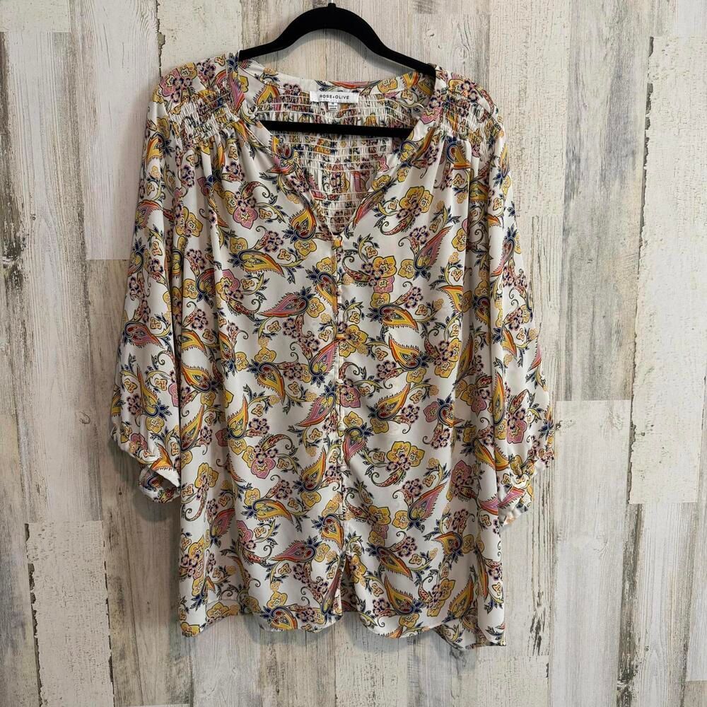 *Rose + Olive Floral Smocked Blouse Women's Size 1X Casual Lightweight Long